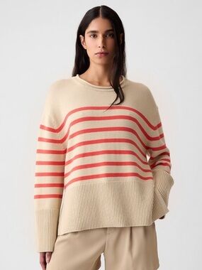 GAP 24/7 Split Hem Rollneck Sweater Cotton Tan with Coral Stripes